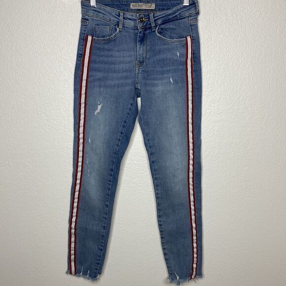 Zara Basic Denim Skinny Frayed Jeans W White & Red Stripe down Sides 2 - Picture 2 of 9